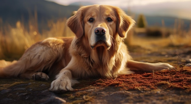 Foto porträt eines goldenen retrievers, der auf dem boden liegt