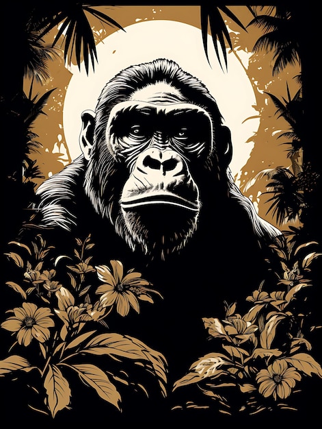 Porträt eines Gorillas, der Blätter hält und kraftvoll schreitet Schwarz C Vintage Poster 2D Flat Design Art