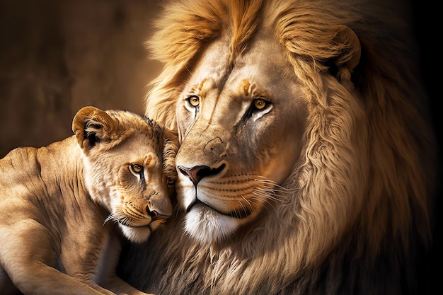 Porträt eines großen beeindruckenden Löwen mit kleinem Löwenjungen