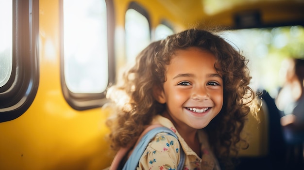 Porträt eines Grundschulkindes, das in einem Schulbus sitzt