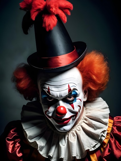 Porträt eines gruseligen Clowns auf dunklem Hintergrund als Halloween-Hintergrundbild
