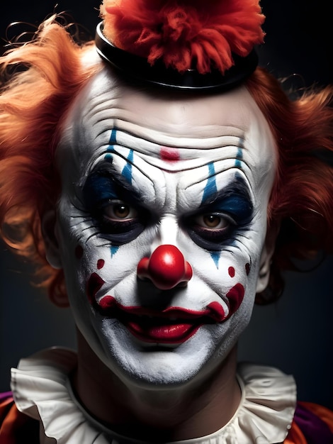 Porträt eines gruseligen Clowns auf dunklem Hintergrund als Halloween-Hintergrundbild