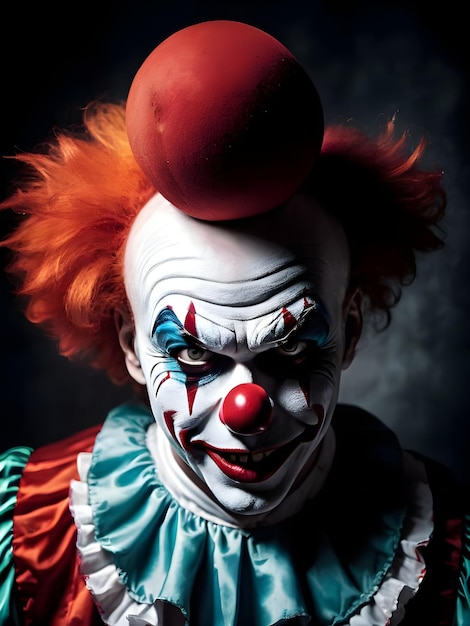 Porträt eines gruseligen Clowns auf dunklem Hintergrund als Halloween-Hintergrundbild