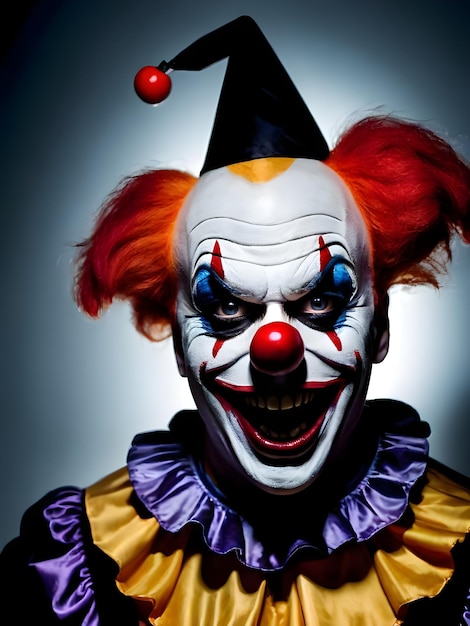 Foto porträt eines gruseligen clowns auf dunklem hintergrund als halloween-hintergrundbild