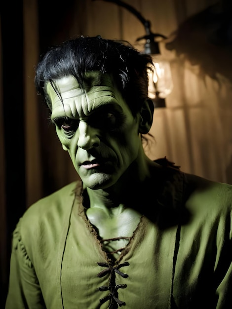 Foto porträt eines gruseligen sieger-frankenstein-mannes auf dunklem hintergrund zu halloween