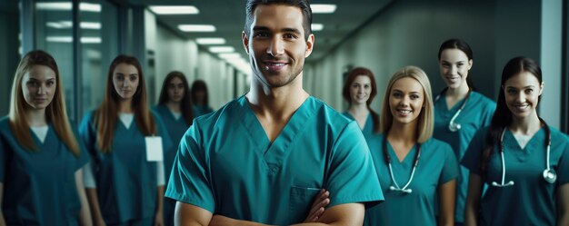 Porträt eines gutaussehenden Arztes, der in einem modernen Krankenhaus arbeitet, Banner-Panorama Generative KI