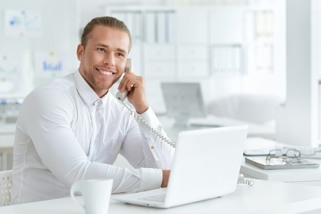 Porträt eines gutaussehenden Geschäftsmannes, der in einem modernen Büro arbeitet