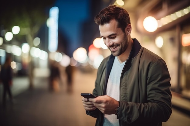 Porträt eines gutaussehenden jungen Mannes in lässiger Kleidung und mit Smartphone auf der städtischen Straße. Manager in einer Großstadt, der sich mit Menschen verbindet, die online Nachrichten senden und im Internet surfen