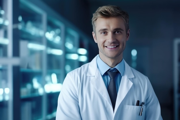 Porträt eines gutaussehenden männlichen Arztes, der im modern aussehenden Krankenhaus Generative Ai arbeitet