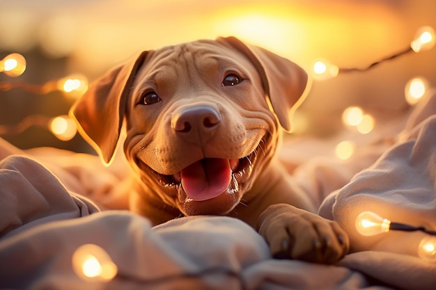 Porträt eines heimischen roten Hundes mit Girlanden zu Weihnachten. Der glückliche Hund legt sich auf ein weiches, warmes Bett.