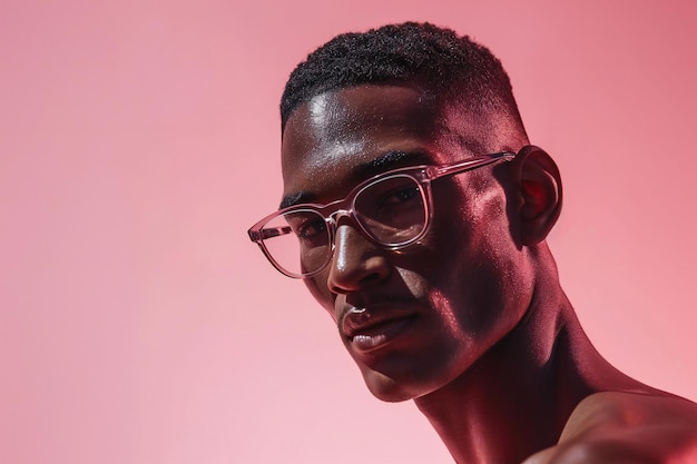 Foto porträt eines hübschen afroamerikanischen mannes mit brille auf rosa hintergrund