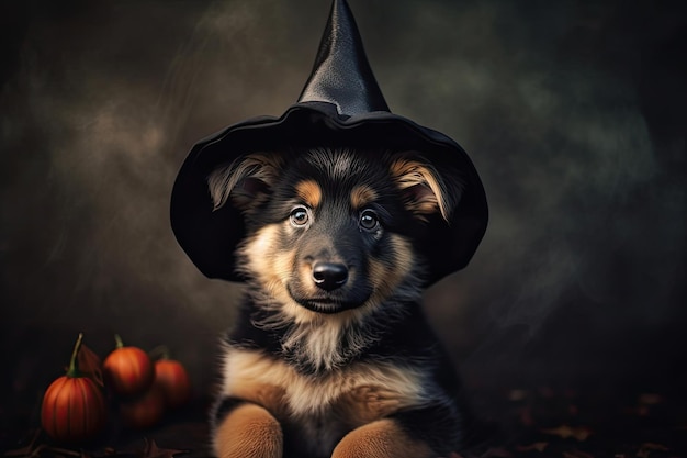 Porträt eines hübschen Halloween-Hundewelpen mit Hexenhut Ai generativ