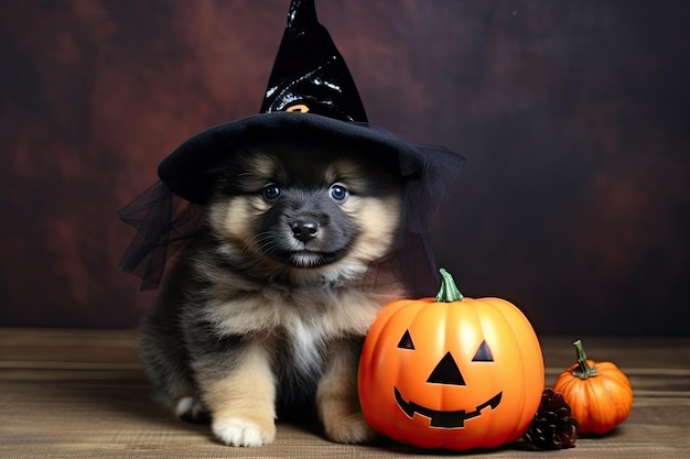 Porträt eines hübschen Halloween-Hundewelpen mit Hexenhut Ai generativ