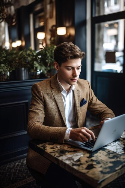 Porträt eines hübschen jungen Geschäftsmannes, der in einem mit generativer KI erstellten Café an seinem Laptop arbeitet