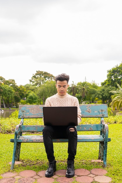Porträt eines hübschen jungen Mannes im Park im Sommer mit einem Laptop-Computer