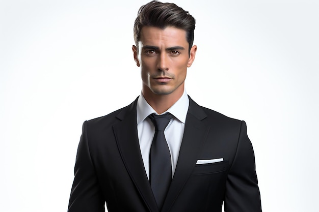 Porträt eines hübschen jungen Mannes im schwarzen Anzug auf weißem Hintergrund