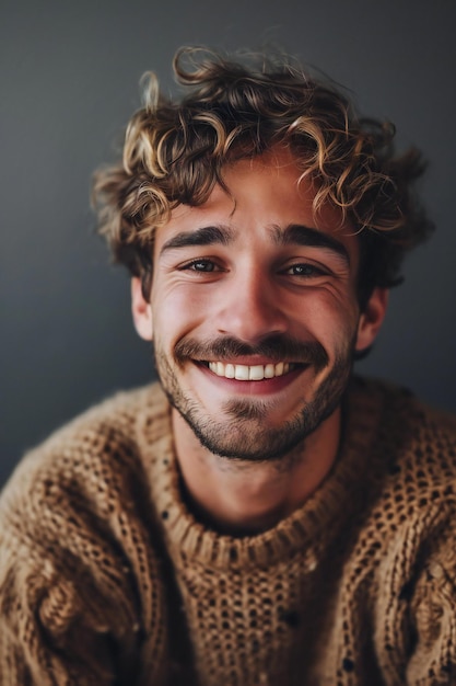 Porträt eines hübschen jungen Mannes mit lockigem Haar in einem Pullover