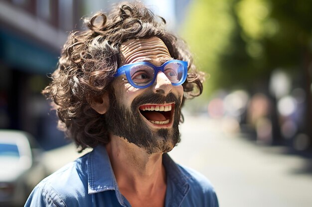 Foto porträt eines hübschen jungen mannes mit lockigem haar und blauer brille