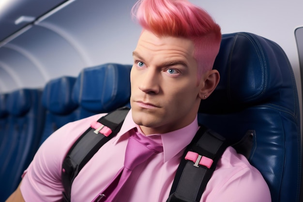 Porträt eines hübschen jungen Mannes mit rosa Haaren in einem Flugzeug