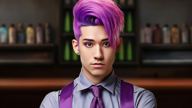 Porträt eines hübschen jungen Mannes mit rosa Haaren und lila Krawatte