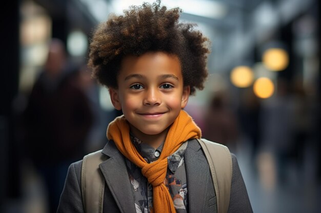 Porträt eines hübschen lächelnden afroamerikanischen Schuljungen, der zur Schule geht, Junge in Jacke und mit Rucksack im Freien, der in die Kamera schaut