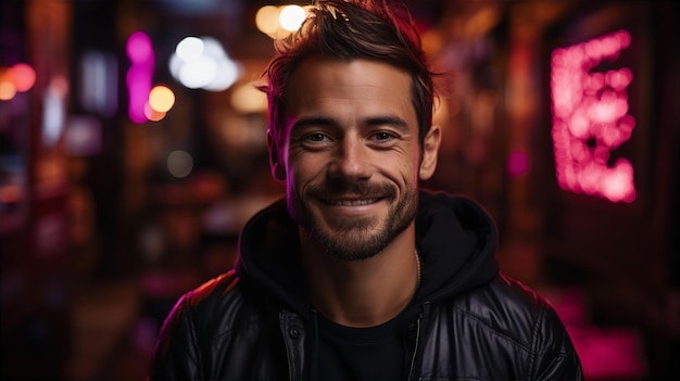 Porträt eines hübschen lächelnden Mannes im Café spät in der Nacht