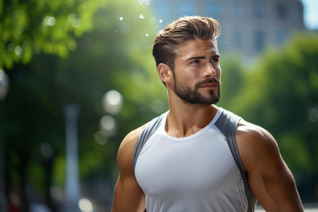 Porträt eines hübschen Mannes, der im Freien morgens joggt und einen gesunden Lebensstil führt