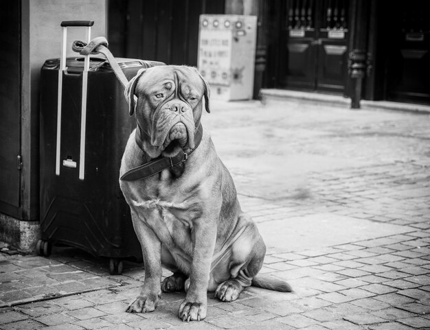 Foto porträt eines hundes, der auf einem fußweg sitzt