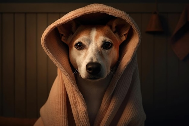 Porträt eines Hundes im Bademantel