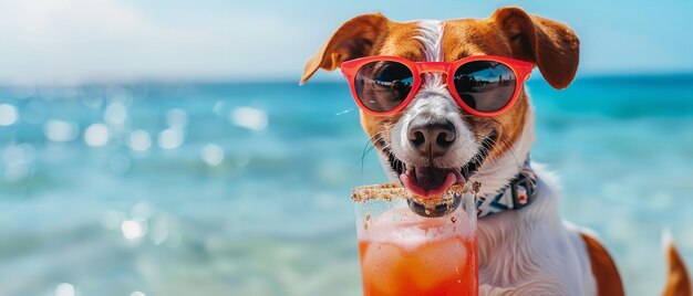 Foto porträt eines hundes in der nähe des meeres, der an einem sommertag saft aus einem glas trinkt, mit einem großen leeren raum generative ki