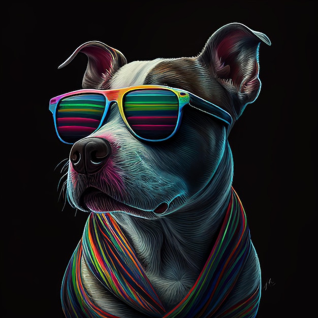 Porträt eines Hundes mit Brille auf dunklem Hintergrund Generative KI