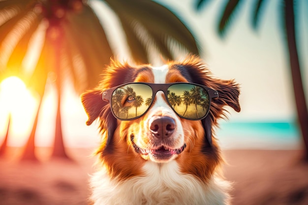 Porträt eines Hundes mit Sonnenbrille auf einem verschwommenen Hintergrund aus Palmen und dem generativen Strand ai illu