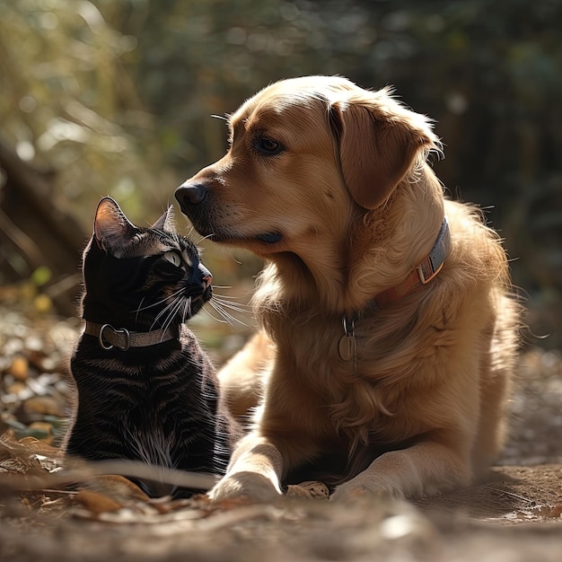 Porträt eines Hundes und einer Katze Ein Hund und eine Katze schauen sich in einer warmen natürlichen Umgebung mit Liebe und Zärtlichkeit an. Illustrationsbild „Generative Ai“.