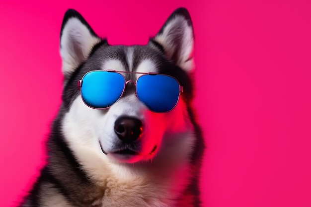 Porträt eines Husky-Hundes mit Sonnenbrille auf rosafarbenem Hintergrund, Nahaufnahme, erstellt mit generativer KI-Technologie