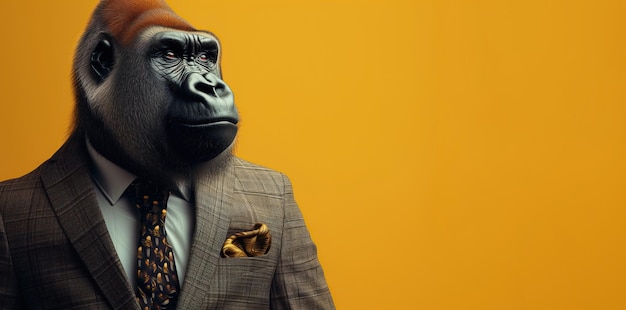 Porträt eines in einem eleganten Anzug gekleideten Gorillas auf einem orangefarbenen Hintergrund mit Copyspace