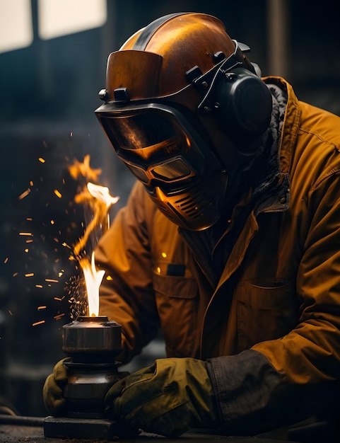 Porträt eines in einer Fabrik arbeitenden Schweißers mit Schutzkleidung und Schweißmaske