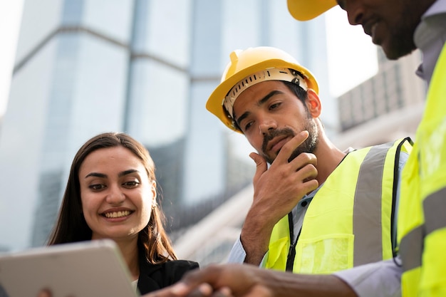 Porträt eines Industriellen Ingenieurs mit Tablet in einer Fabrik, reden.