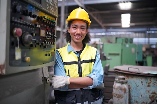 Foto porträt eines ingenieurs, der in einer fabrik steht