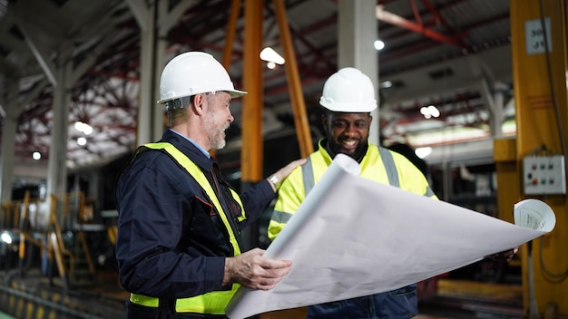 Foto porträt eines ingenieurs und lehrlings in der werkstatt der eisenbahntechnikanlage