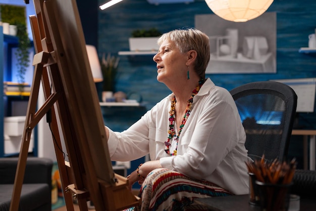 Porträt eines inspirierten Künstlers im Ruhestand vor einer Staffelei, der im Sitzen ein kreatives Meisterwerk der Kunst mit Bleistift zeichnet. Fokussierte Seniorin, die im Heimstudio eine Kohleskizze auf Papier erstellt.