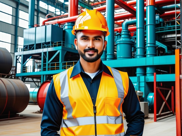 Porträt eines Instandhaltungsingenieurs der Industrie, der eine Uniform und einen Sicherheitshelm auf dem Fabrikbahnhof trägt