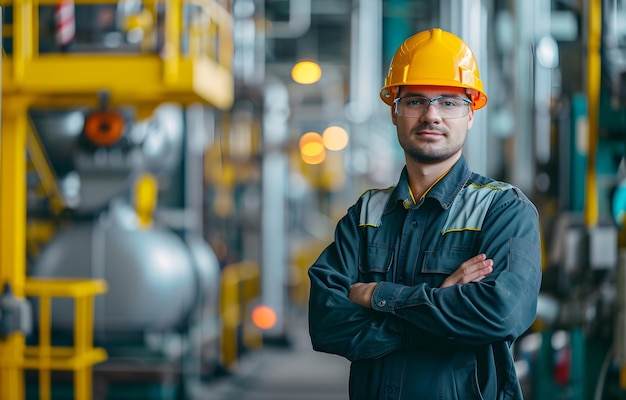 Porträt eines Instandhaltungsingenieurs der Industrie, der eine Uniform und einen Sicherheitshelm auf der Fabrikstation trägt