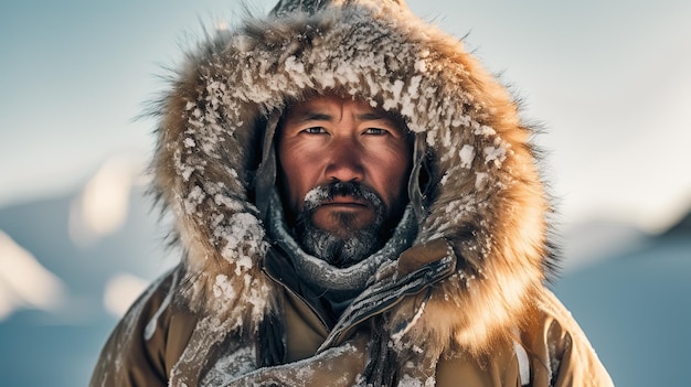 Porträt eines Inuit-Mannes, der einen traditionellen Parka trägt