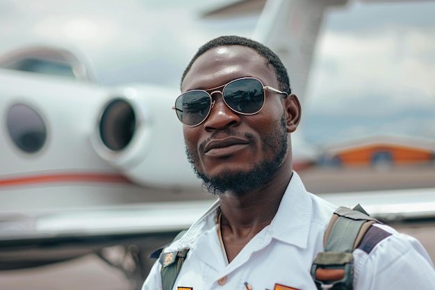 Porträt eines jungen afroamerikanischen Piloten, der vor einem Flugzeug am Flughafen steht