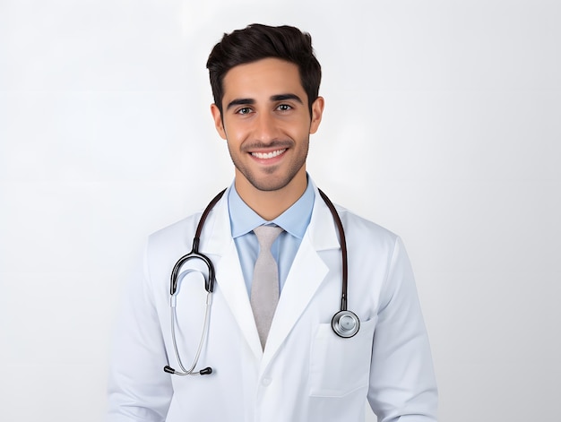Porträt eines jungen Arztes mit Stethoskop, der auf einem weißen Hintergrund vor der Kamera lächelt
