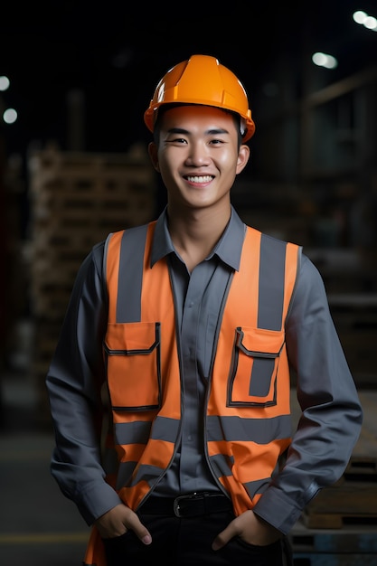 Porträt eines jungen asiatischen Arbeiters in einem harten Hut, der in einem Lager steht