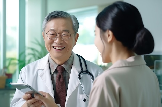 Porträt eines jungen asiatischen Dermatologen, der eine medizinische Lupe mit generativer KI verwendet
