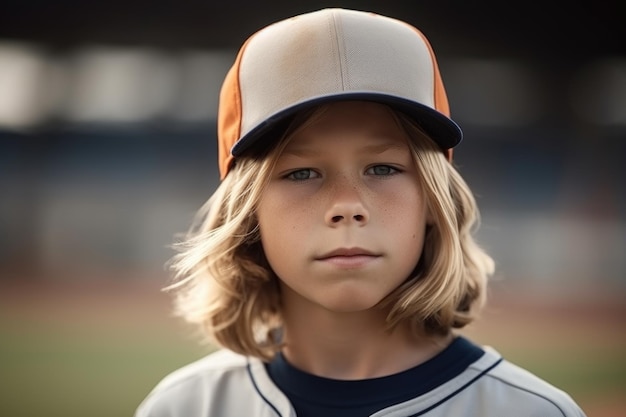Porträt eines jungen Baseballspielers, der während eines mit generativer KI erstellten Spiels auf dem Spielfeld steht
