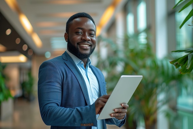 Porträt eines jungen, ermächtigten schwarzen Geschäftsführers, der in einem modernen Bürogebäude an einem Tablet-Computer arbeitet, ein selbstbewusster afrikanischer Spezialist, der Dokumente online sucht und in der Halle lächelt