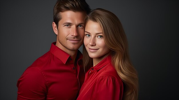 Porträt eines jungen europäischen Familienpaares trägt rote Kleidung